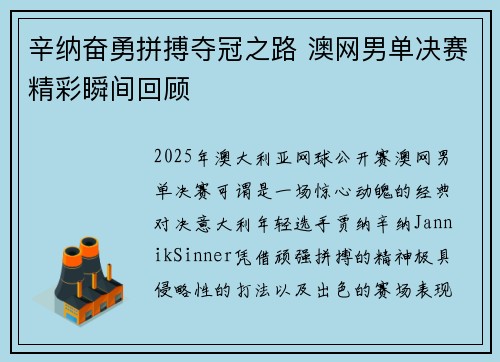 辛纳奋勇拼搏夺冠之路 澳网男单决赛精彩瞬间回顾